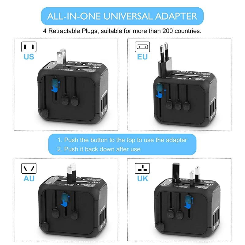 Universal Travel Adapter  Allinone International Power Adapter with 24A USB European Adapter Travel Power Adapter Wall Charger for UK EU AU Asia Covers 150+Countries New Black