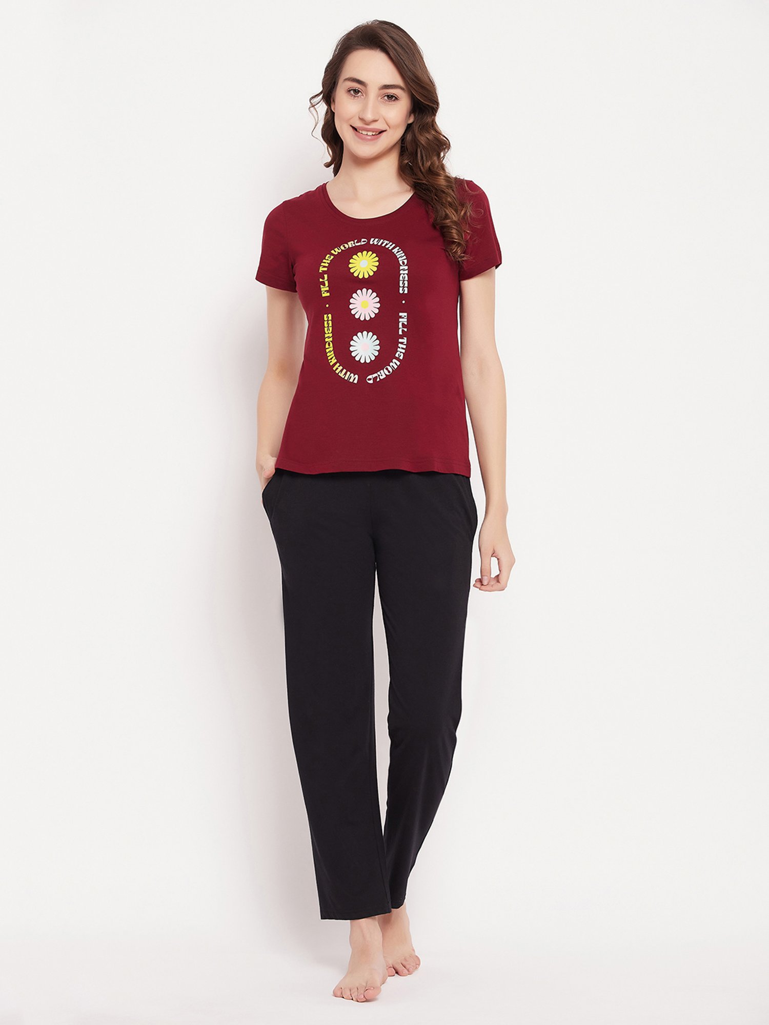 Clovia Maroon Printed T-Shirt