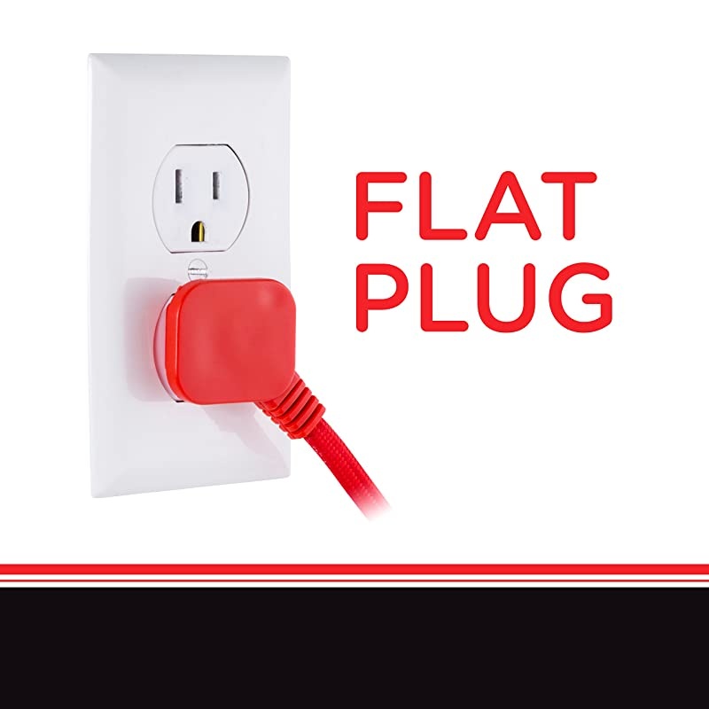 Bright Red, Designer 3-Outlet Extension Cord, 8 Ft Braided Cable, 2-Prong Power Strip, Slide-to-Lock Safety, Low-Profile Flat Plug, Polarized, ETL Listed, 39985-T1, 8 ft, 8 Ft