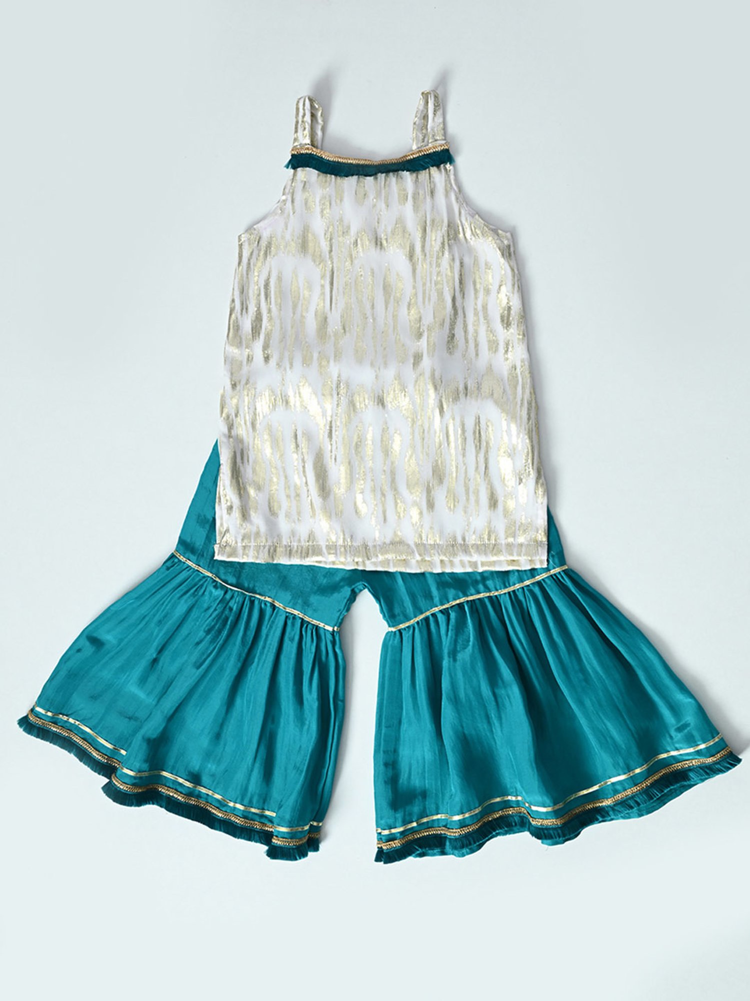 Bella Moda Girls Green & White Printed Kurti with Sharara