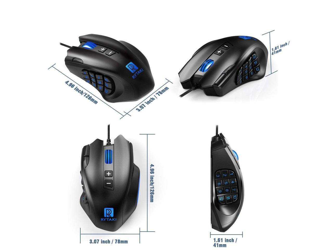 Gaming Mouse, Rytaki High-Precision 16400 DPI Laser MMO Wired Gaming Mice with 19 Programmable Buttons, 12 Side Buttons,6 Adjustable DPI Levels, Weight Tuning Cartridge for PC, Gamer-Black