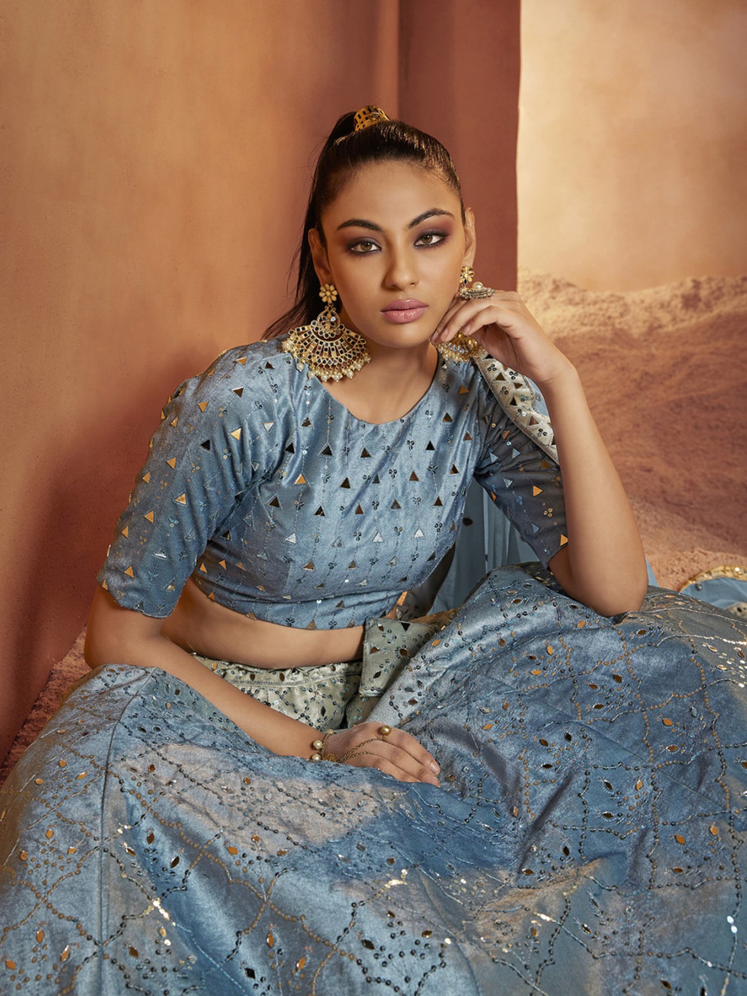 SHUBHKALA Blue Embellished Lehenga and Choli Set With Dupatta