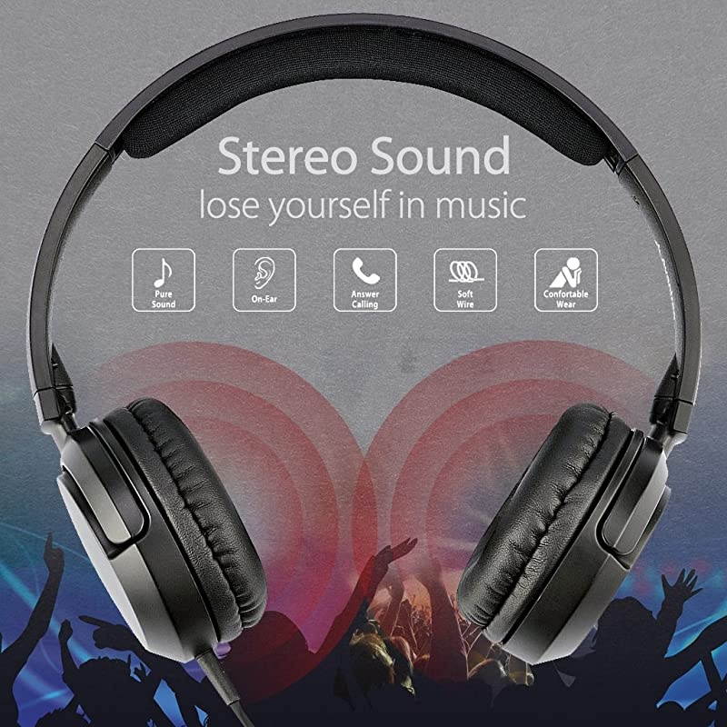 Superb Sound Wired On Ear Headphones with Microphone, 1.5M / 4.9FT Long Cord with Mic for Adults, Students, Kids, Comfortable Headset for PC Computer, Laptop, Tablet, Phone - 026 Black