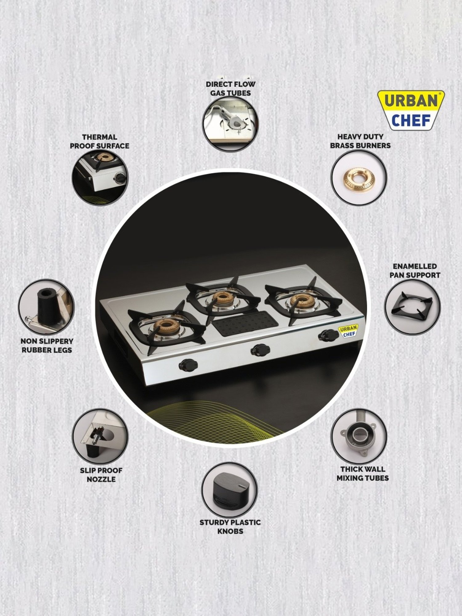 Urban Chef Gas Stove with 3 Burners ( Silver/Black )