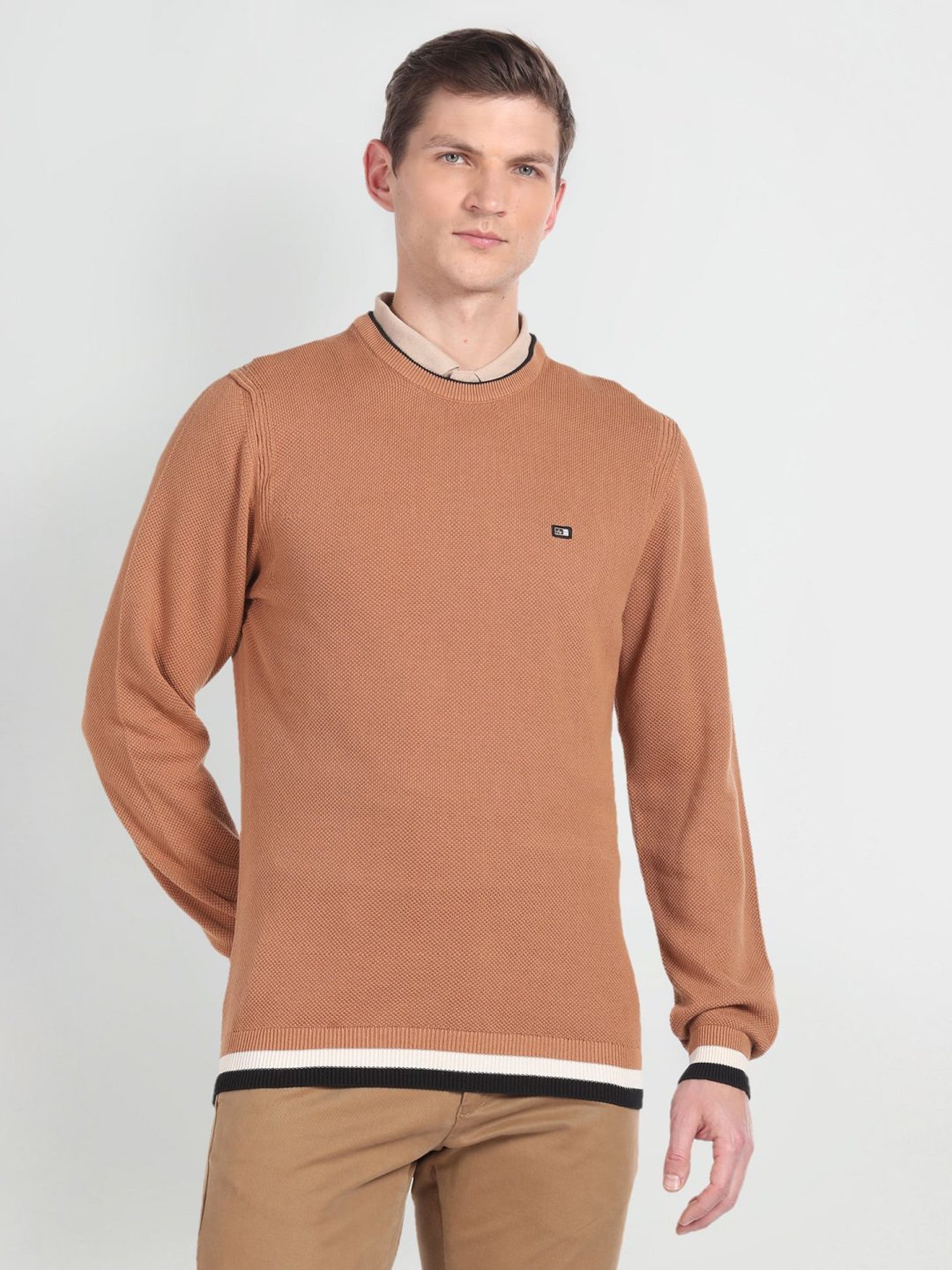 Arrow Sport Beige Regular Fit Self Pattern Sweater