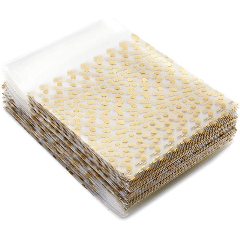 Sparkle and Bash 250 Pack Cellophane Cookie Bags with Thank You Stickers, Gold Polka Dots Treat Bags (4x4 in)