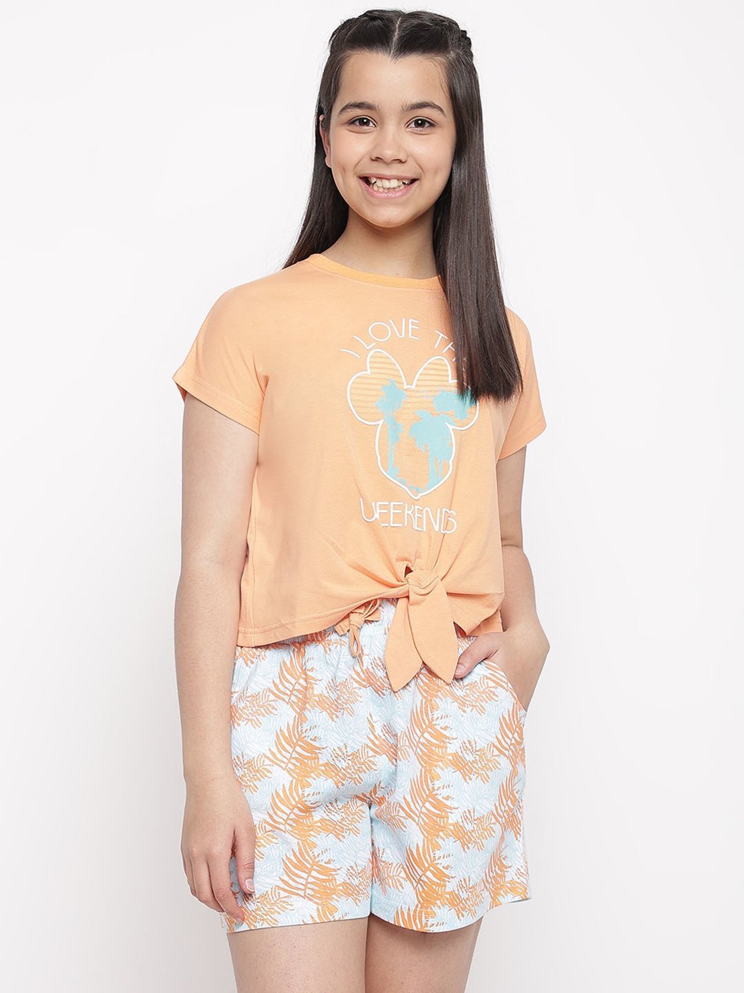 Lil Tomatoes Girls Peach Printed T-Shirt with Shorts