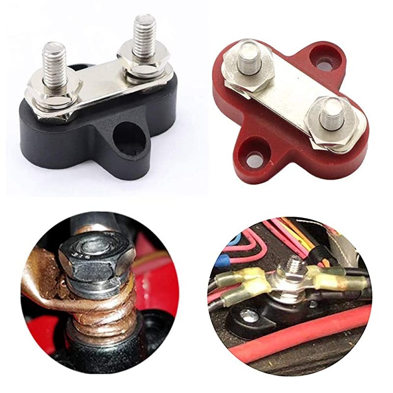 Bus Bar Terminal Block, Power Stud Battery Junction 1/4" Power Distribution for Truck RV Boat, Heavy Duty Stainless Steel (Red & Black Set)