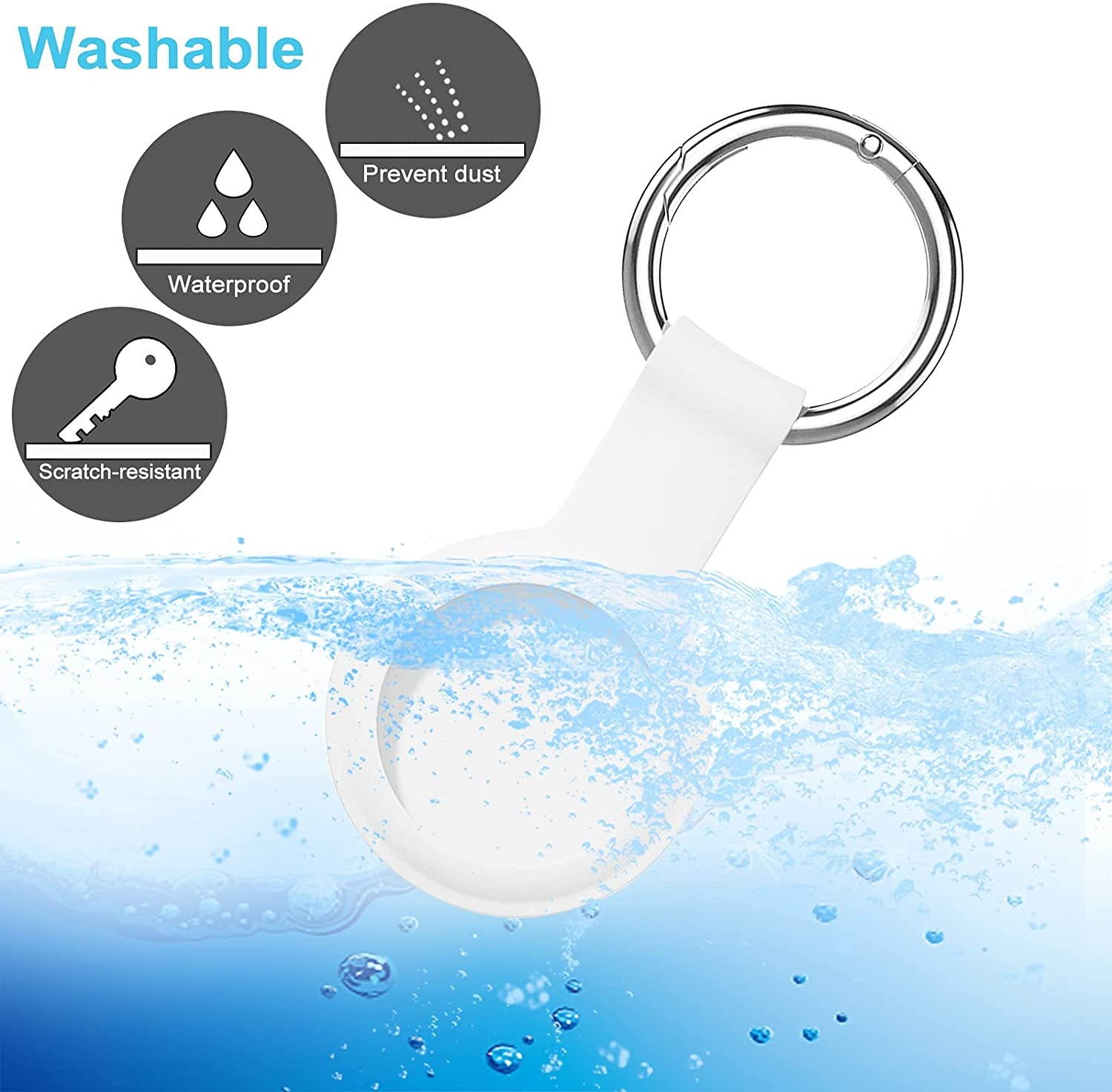Portable Protector Case Cover for AirTags, Soft Silicone Anti-Scratch Protective Skin Case, with AirTag Key Chain, AirTags Holders, Anti-Lost, Scratch-Resistant & Washable (White)