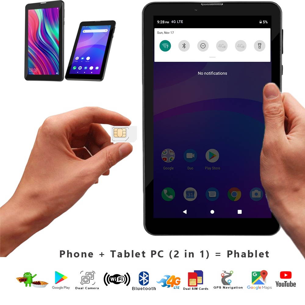 Indigi Unlocked 7.0" Tablet with Free Bluetooth headset WiFi+4G LTE Smart Phone Android 9.0 Pie- Free BH320 Bluetooth