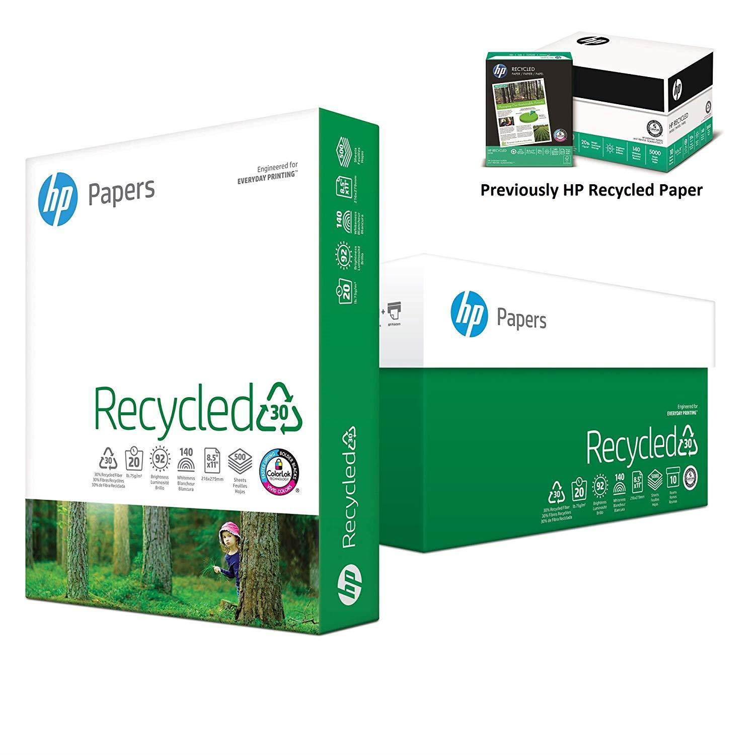 HP Printer Paper, Recycled 30% Paper, 8.5 x 11, Letter Size, 20lb, 92 Bright,  10 Ream Case / 5,000 Sheets (112100C) Acid Free Paper