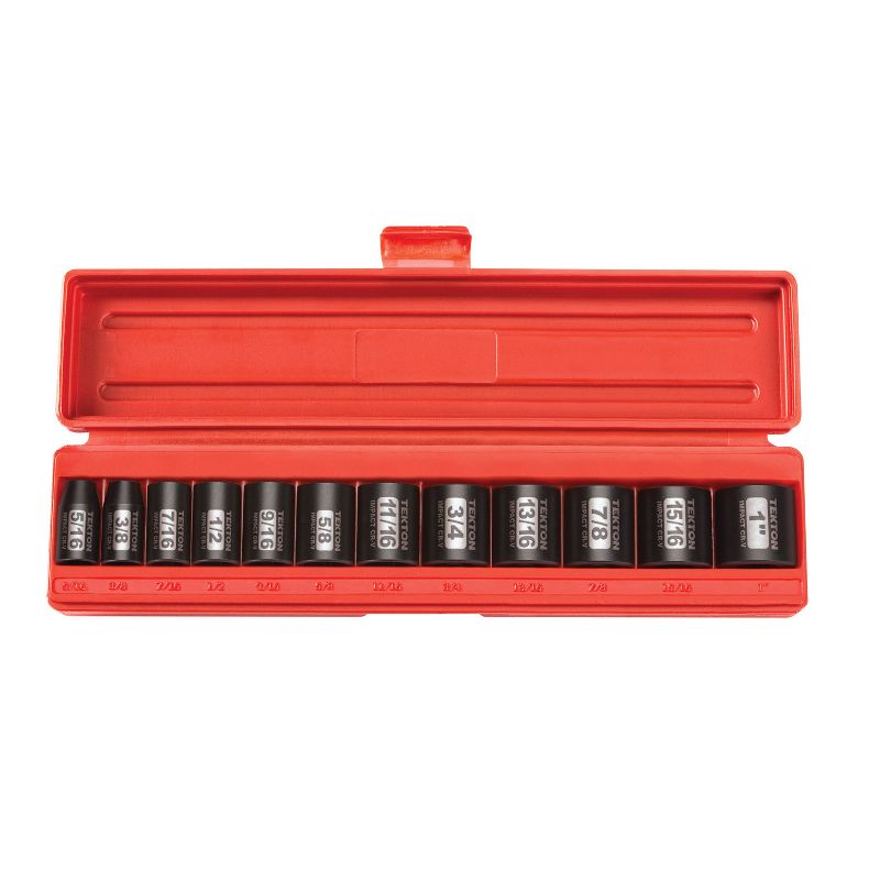 TEKTON 47910 3/8 Inch Drive Vanadium Steel 6 Point 5/16 to 1 Inch High Torque Standard Impact Socket Set with Carrying Case, 12 Pieces