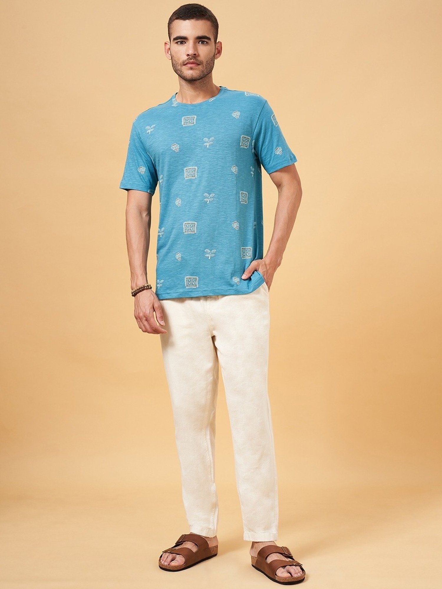 7 Alt by Pantaloons Teal Cotton Relaxed Fit Printed T-Shirt