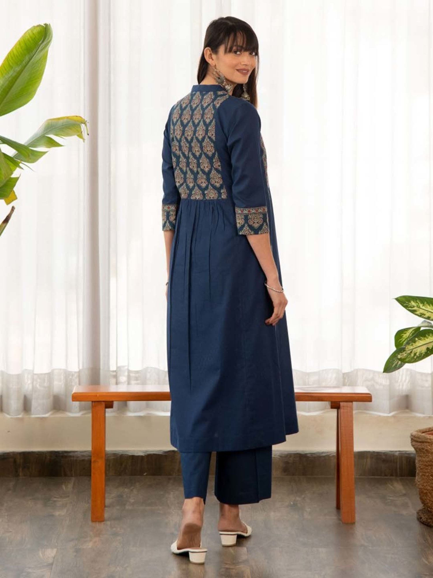 Ekohum Blue Cotton A-Line Kurta