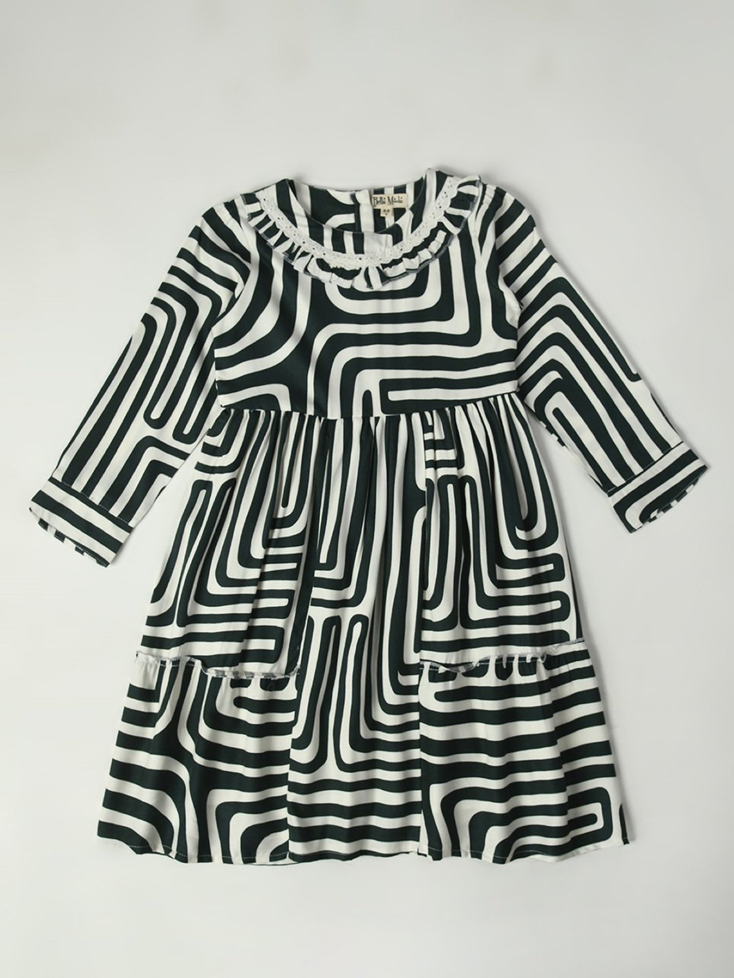 Bella Moda Kids Dark Green & White Printed Full Sleeves Fit & Flare Dress
