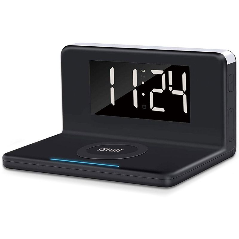 Nippon WAC-5251BLK iStuff 3 in 1 LED Illuminated USB Wireless Charger Multi Functional Alarm Clock with Night Light and 12 or 24 Hour Display, Black