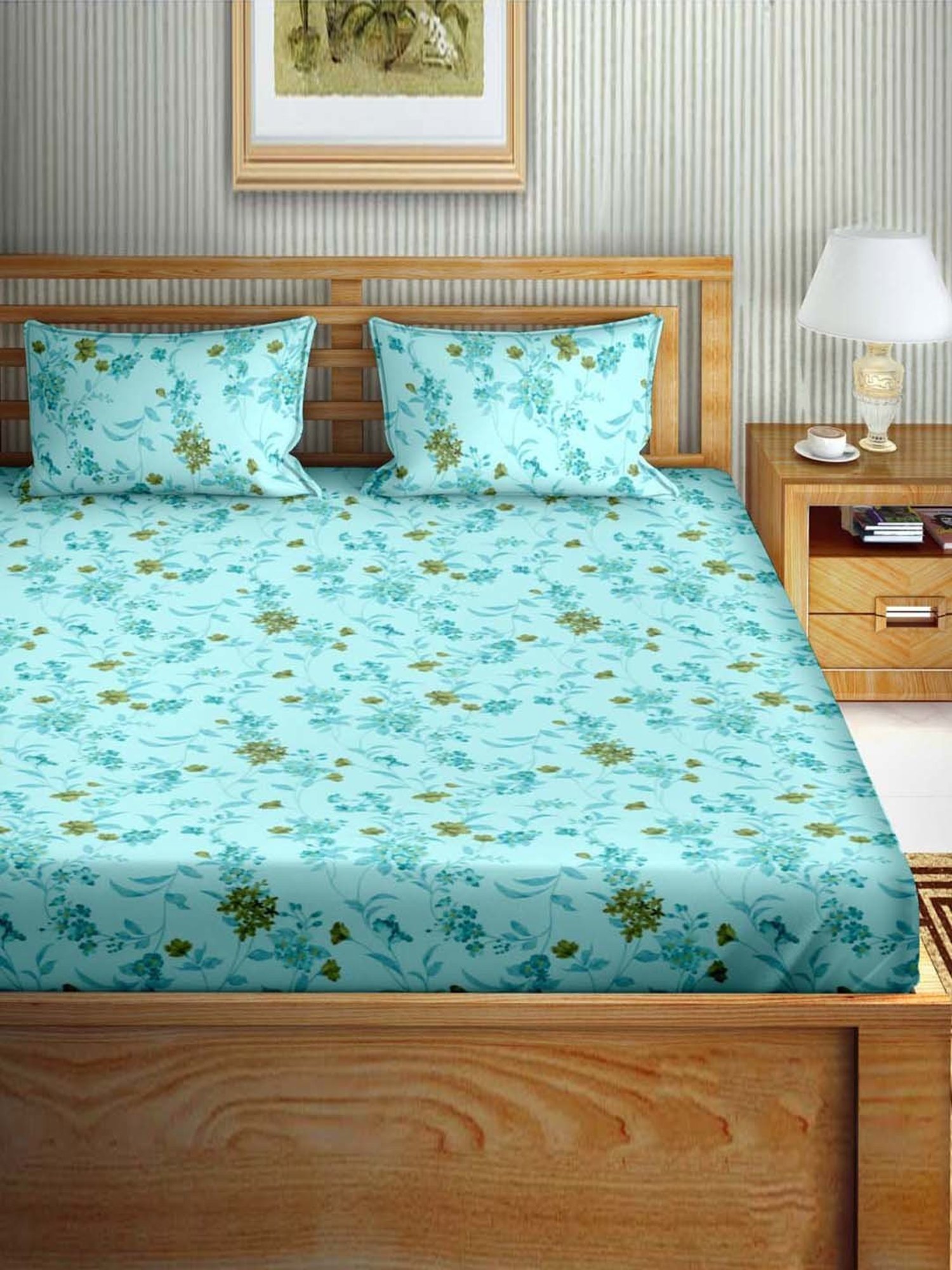 Bella Casa Stella Collection Cyan Cotton 180 TC King Size Bedsheet with 2 Pillow Covers