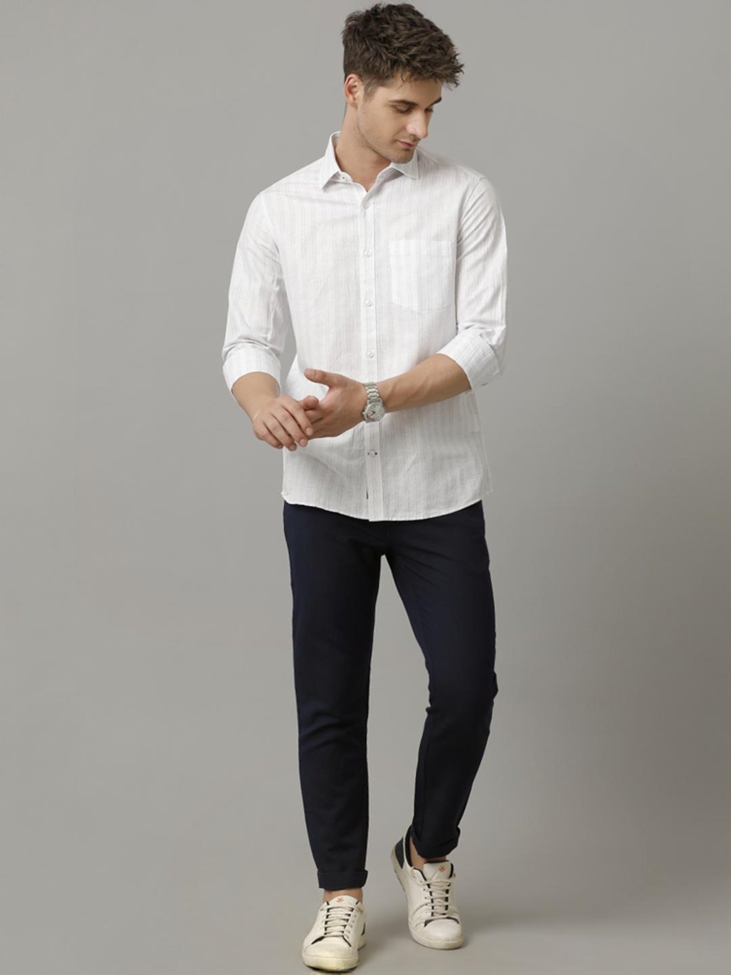 Linen Club Blue Linen Contemporary Fit Striped Shirt