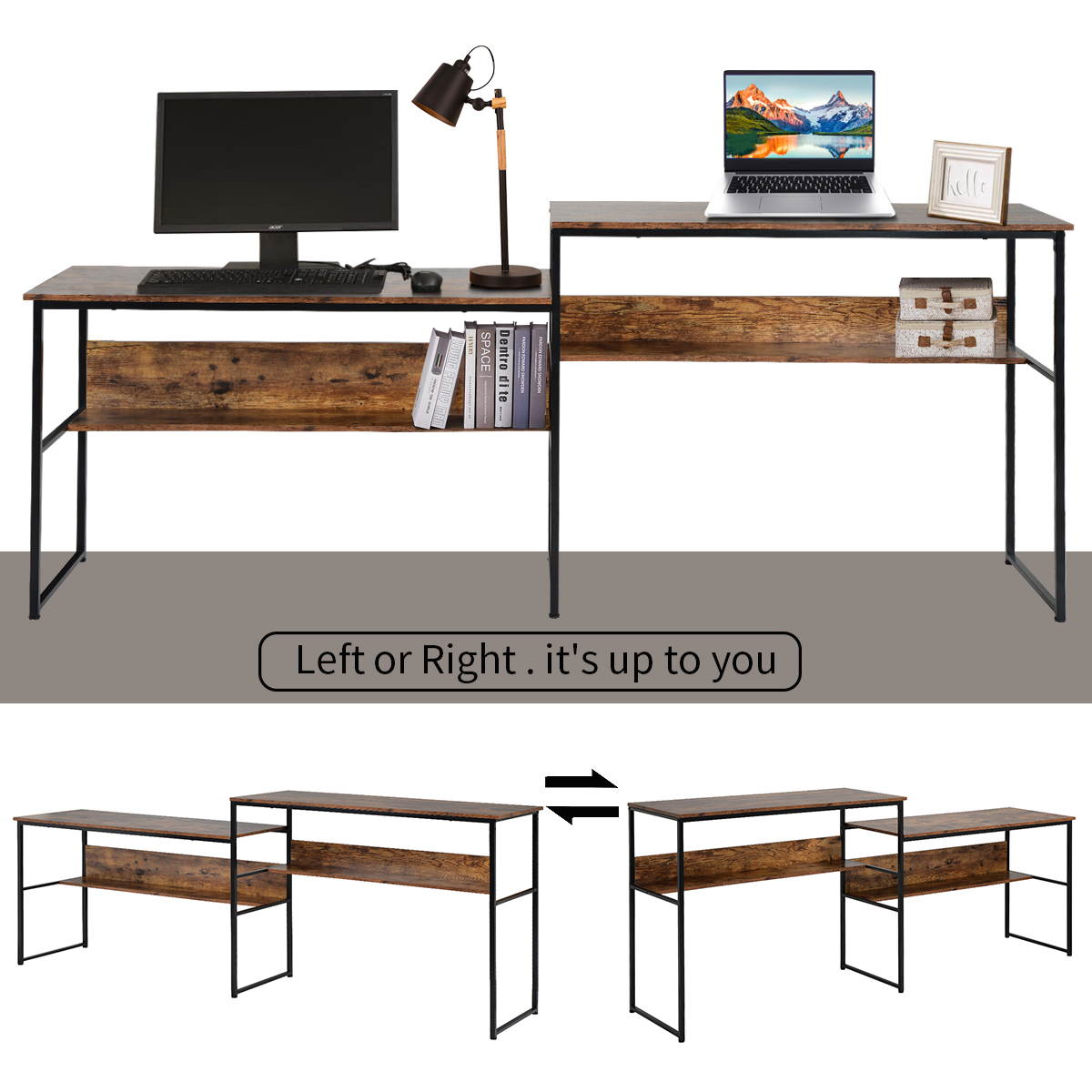 94.4" Home Office Two Person Desk Double Workstation Office Desk Writing Study Desk Extra Large Computer Desk Gaming Desk with Open Storage Shelves Brown