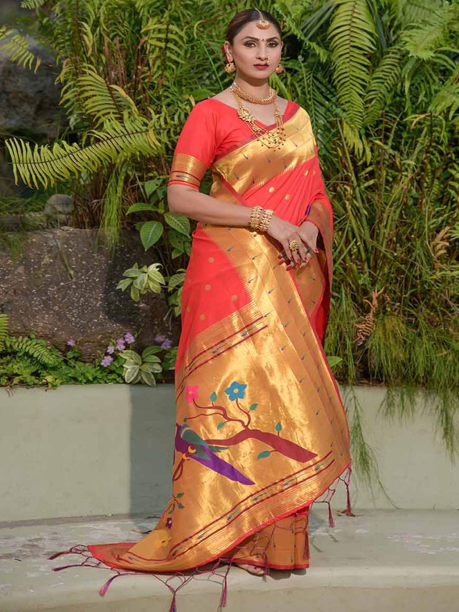 SHUBHKALA Peach Silk Woven Saree With Unstitched Blouse