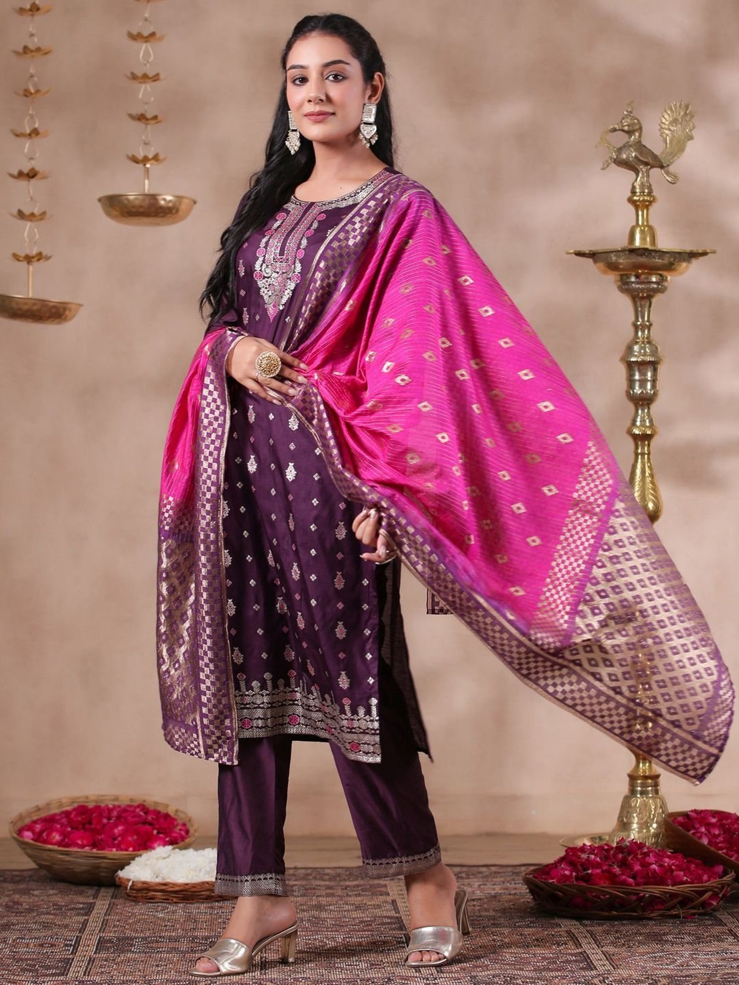 Ishin Purple Woven Pattern Kurta Pant Set With Dupatta