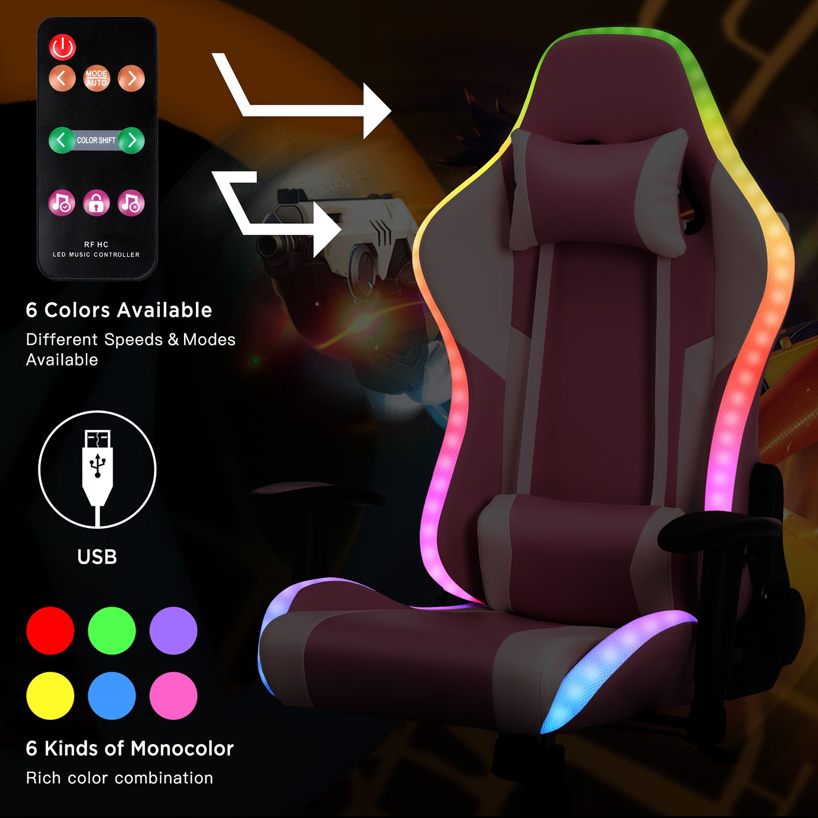 YOUTHUP Gaming Chair with RGB LED Lights, Racing Style Recliner Swivel Video Computer Chair with Bluetooth Speakers, Adjustable Ergonomic High Back, PU Leather with Headrest and Lumbar Support, Pink