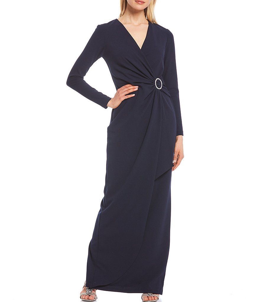 Betsy & Adam Rhinestone Buckle Side Ruched Scuba Crepe Gown