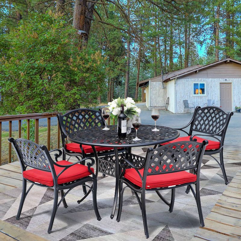 5pc Cast Aluminum Dining Set with Red Cushions - Nuu Garden