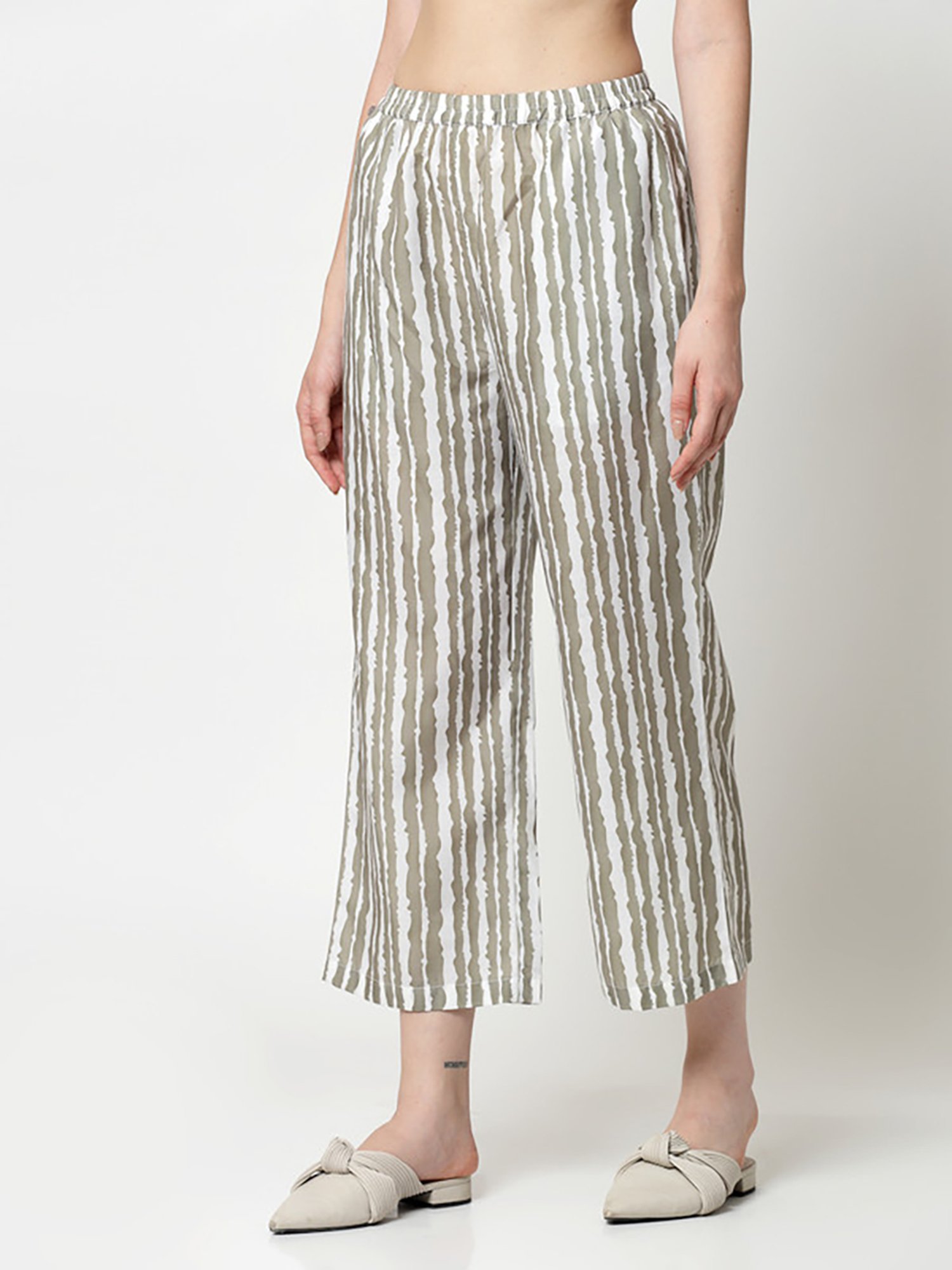 Office & You Olive Striped Regular Fit Mid Rise Palazzos