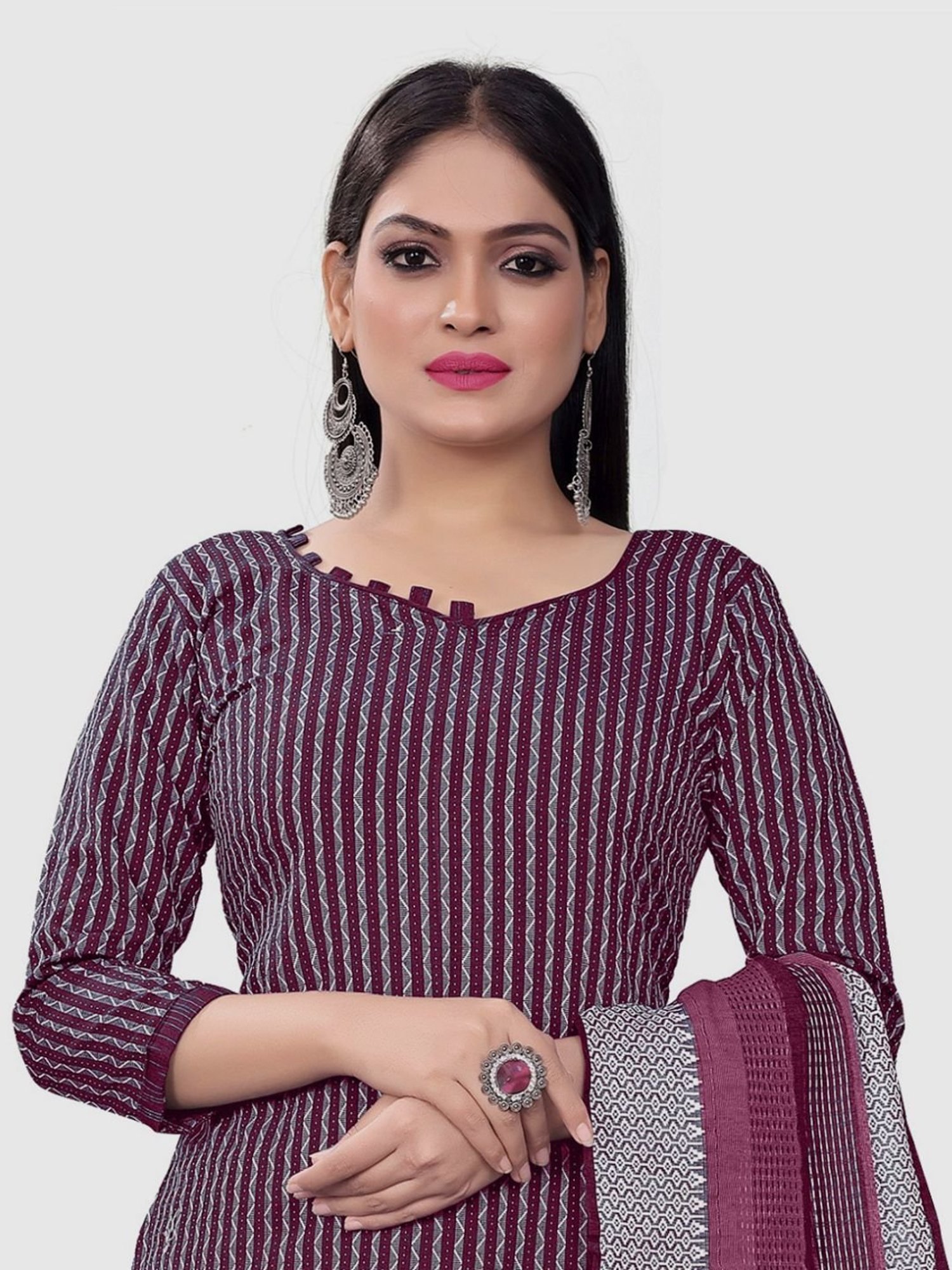 APNISHA Purple Cotton Striped Unstitched Dress Material