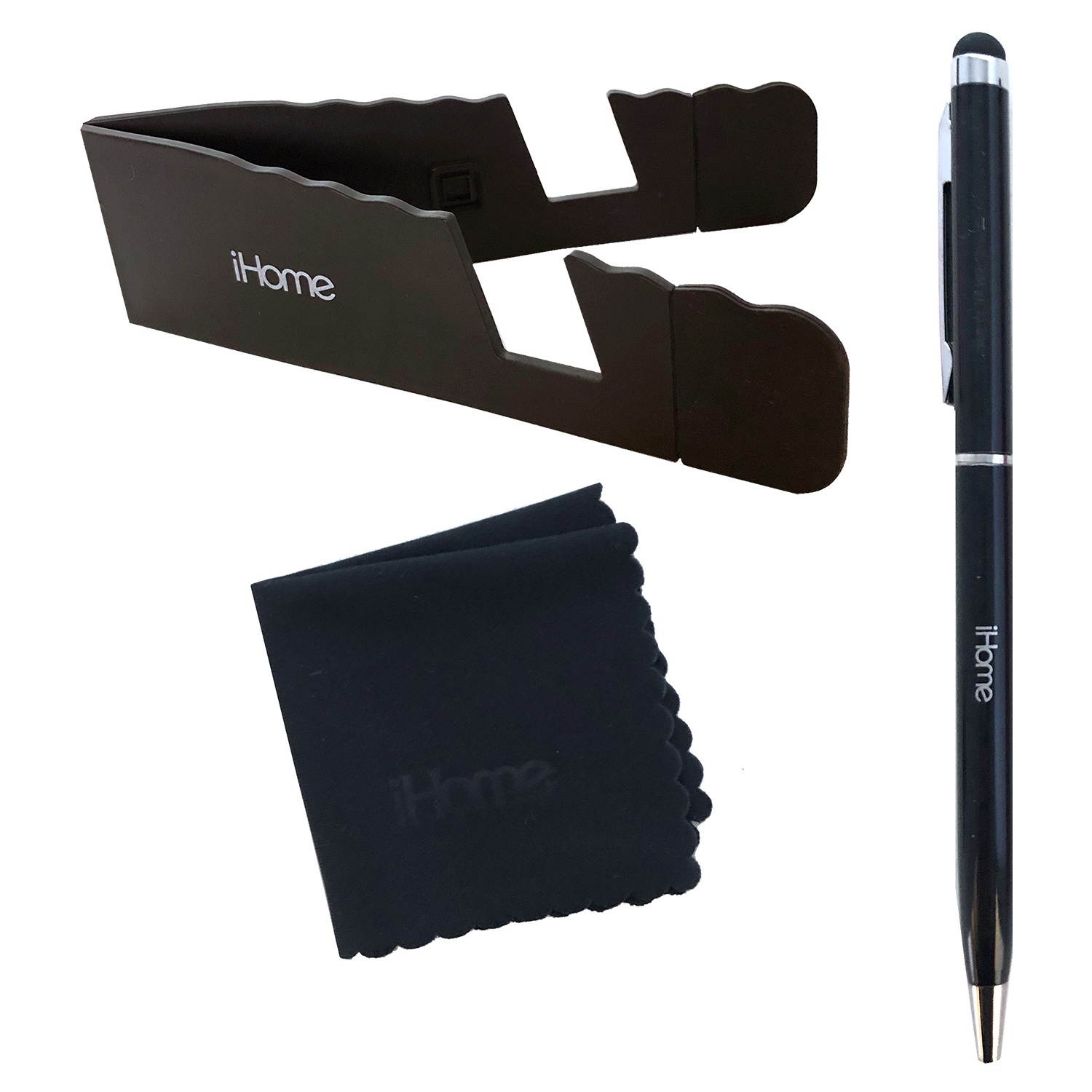 iHome Tablet and Smartphone 3-in-1 Microfiber Cloth, Stylus Pen & Stand Bundle - Black