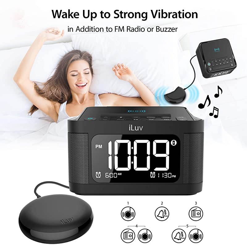 Time Shaker 6Q Wow QiCertified Fast 7510W Wireless Charging Alarm Clock with Vibration Shaker Dual Alarm Bluetooth Speakers FM Radio Sleep Timer 10Level Dimmer USB Charging Port