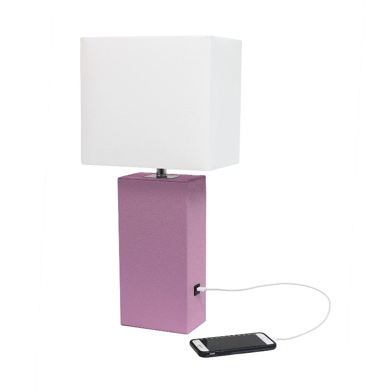 Modern Leather Table Lamp with USB and Fabric Shade Purple - Elegant Designs