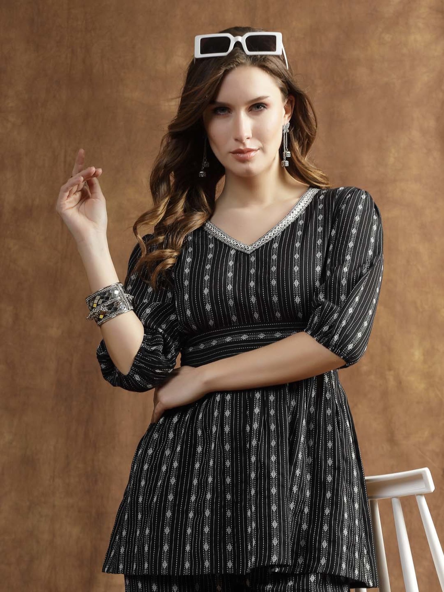 Stylum Black Cotton Embroidered Kurti Pant Set