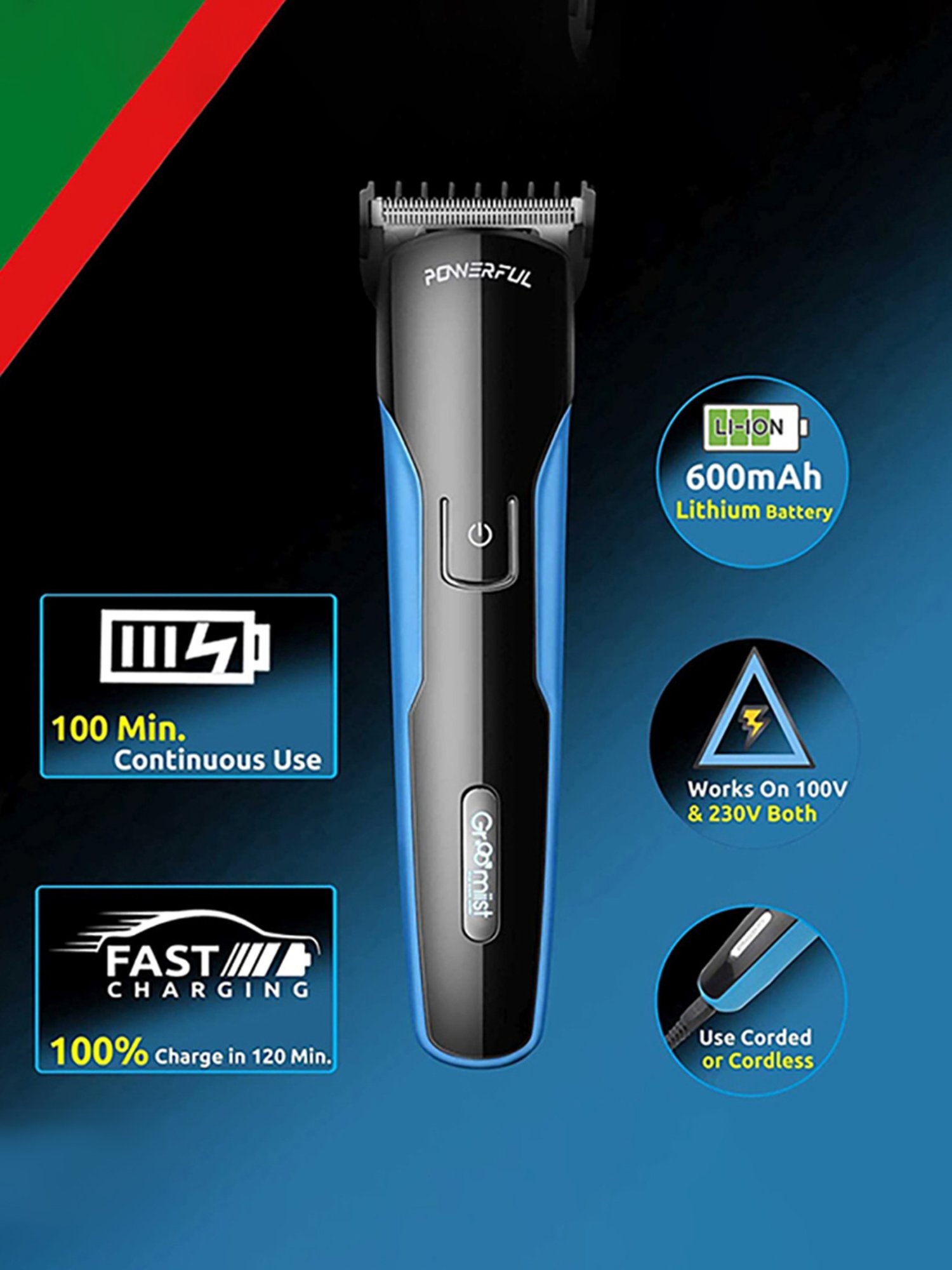 Groomiist CS-42 Copper Series Cordless Beard Trimmer - 100 Min Runtime (Black and Blue)