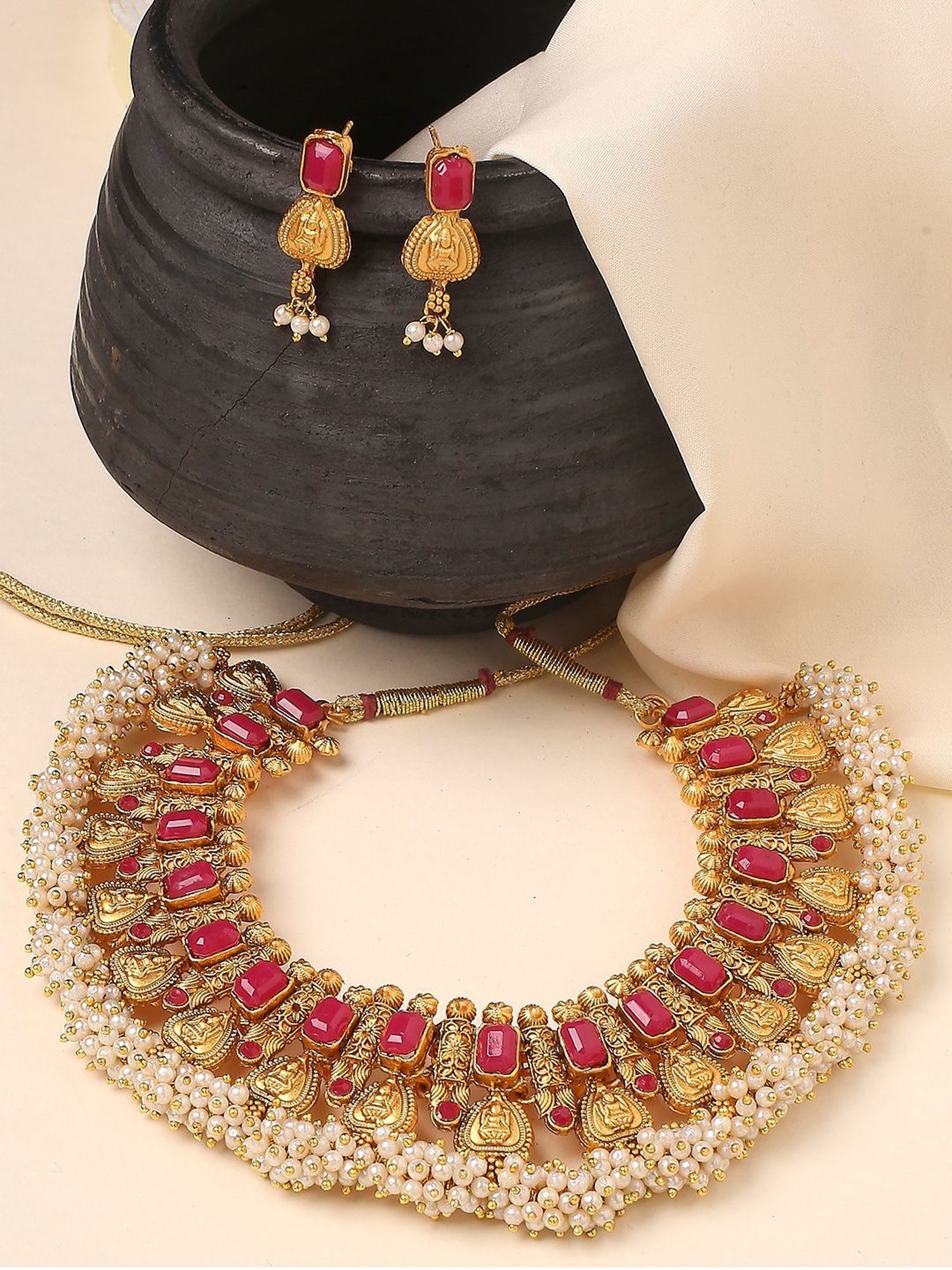 OOMPH Rani Pink Stones & Beads Traditional Ethnic Choker Necklace Set for Women