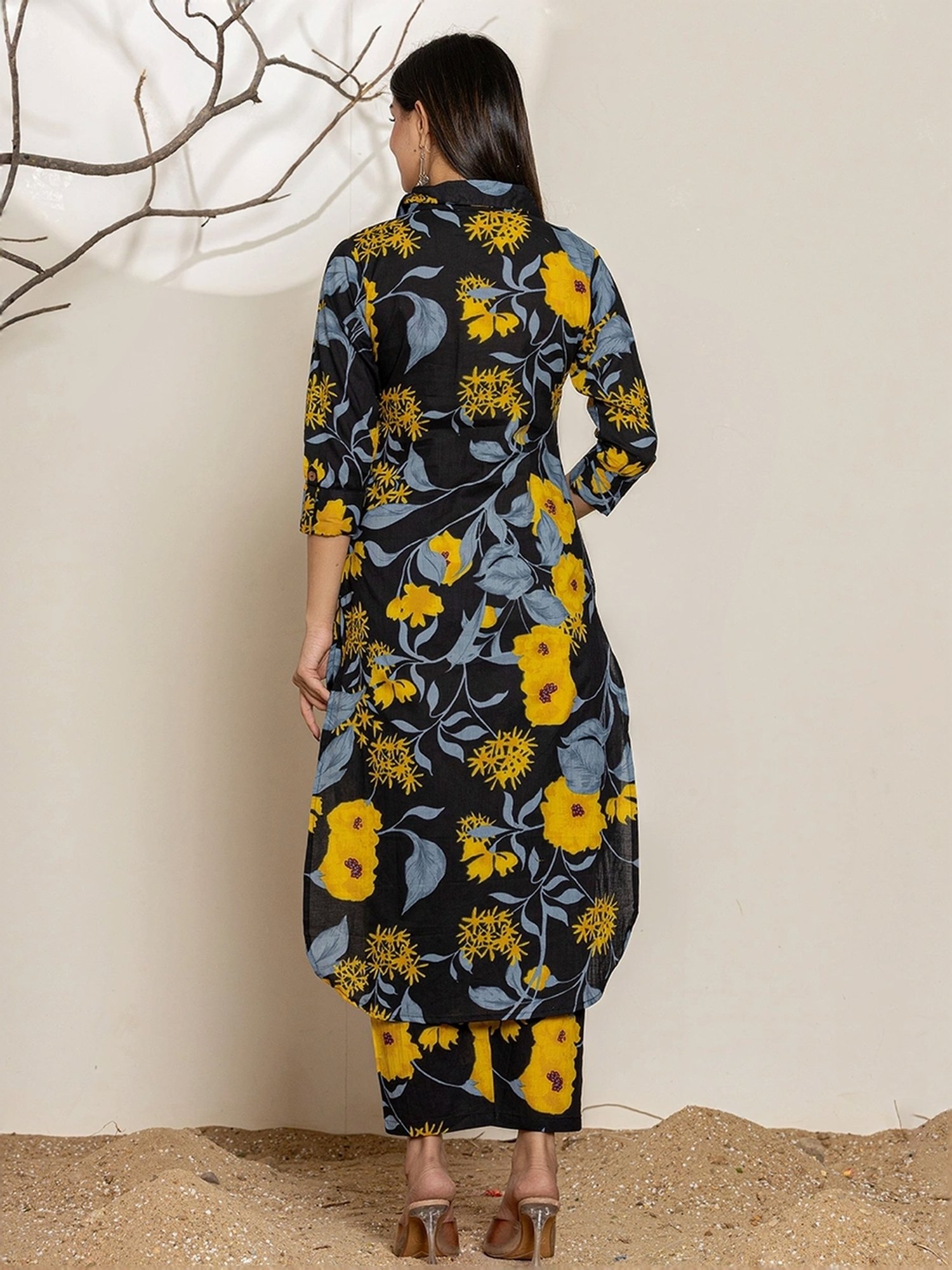 Yufta Black Cotton Printed Tunic Pants Sets