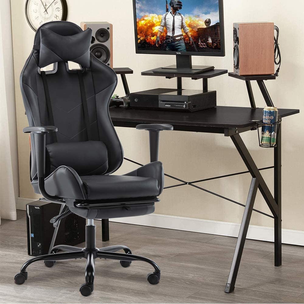 SMUGDESK Gaming Chair with Footrest Racing Style Recliner with Lumbar Support, Ergonomic Office Armchair for Computer PU Leather High Back Desk Chair Headrest Swivel Rocking Desk Chair, Blue