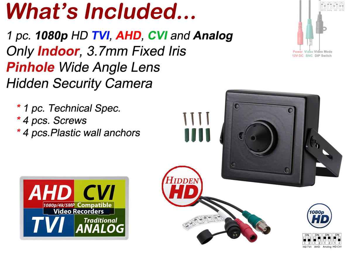 Evertech 1080p HD 4in1 AHD TVI CVI, ANALOG Indoor Hidden Camera with Pinhole Lens