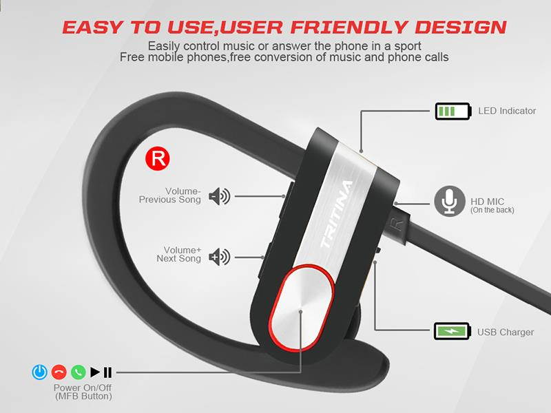 Tritina Sports Bluetooth Earphone Built-in Microphone - Stereo Sound Form Ear Tips, Sweat-proof Sport Earphone Running,Jogging with music (Black with Grey)