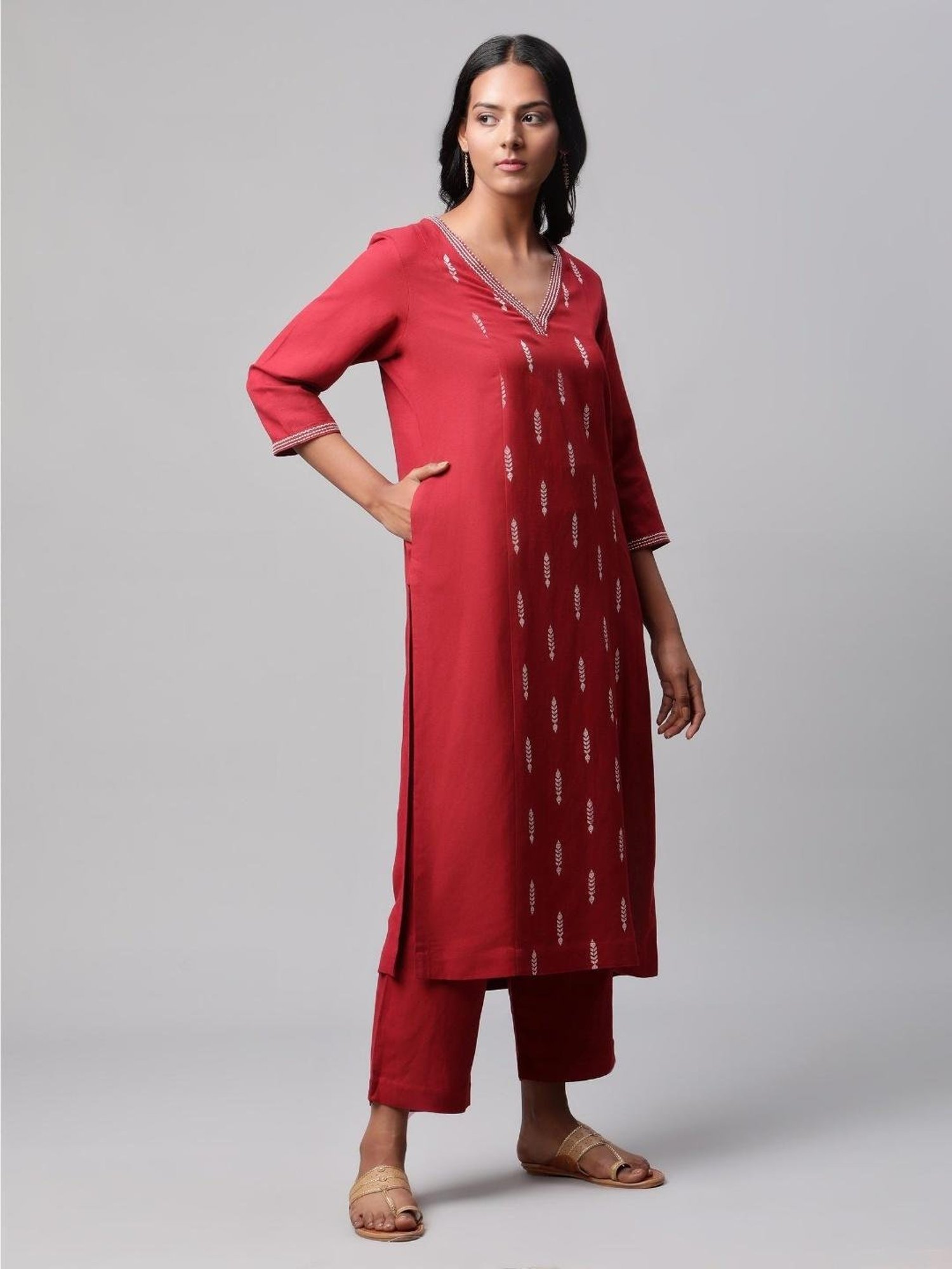 Fusion Beats Light Grey Embroidered A Line Kurta