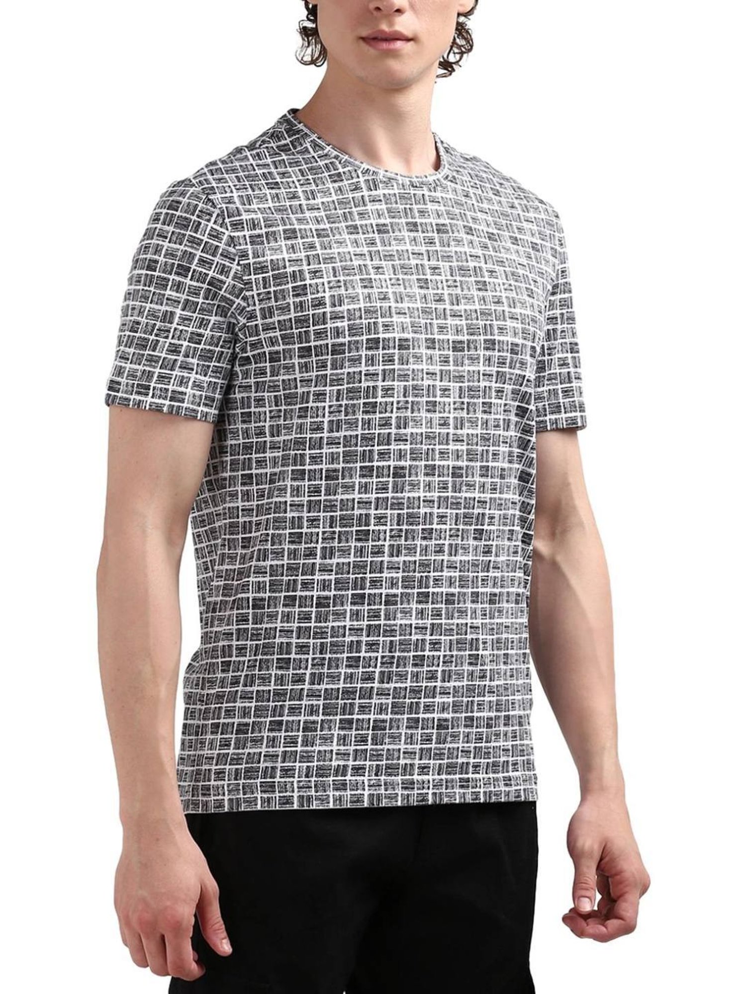 Calvin Klein Black Cotton Regular Fit Checks T-Shirt