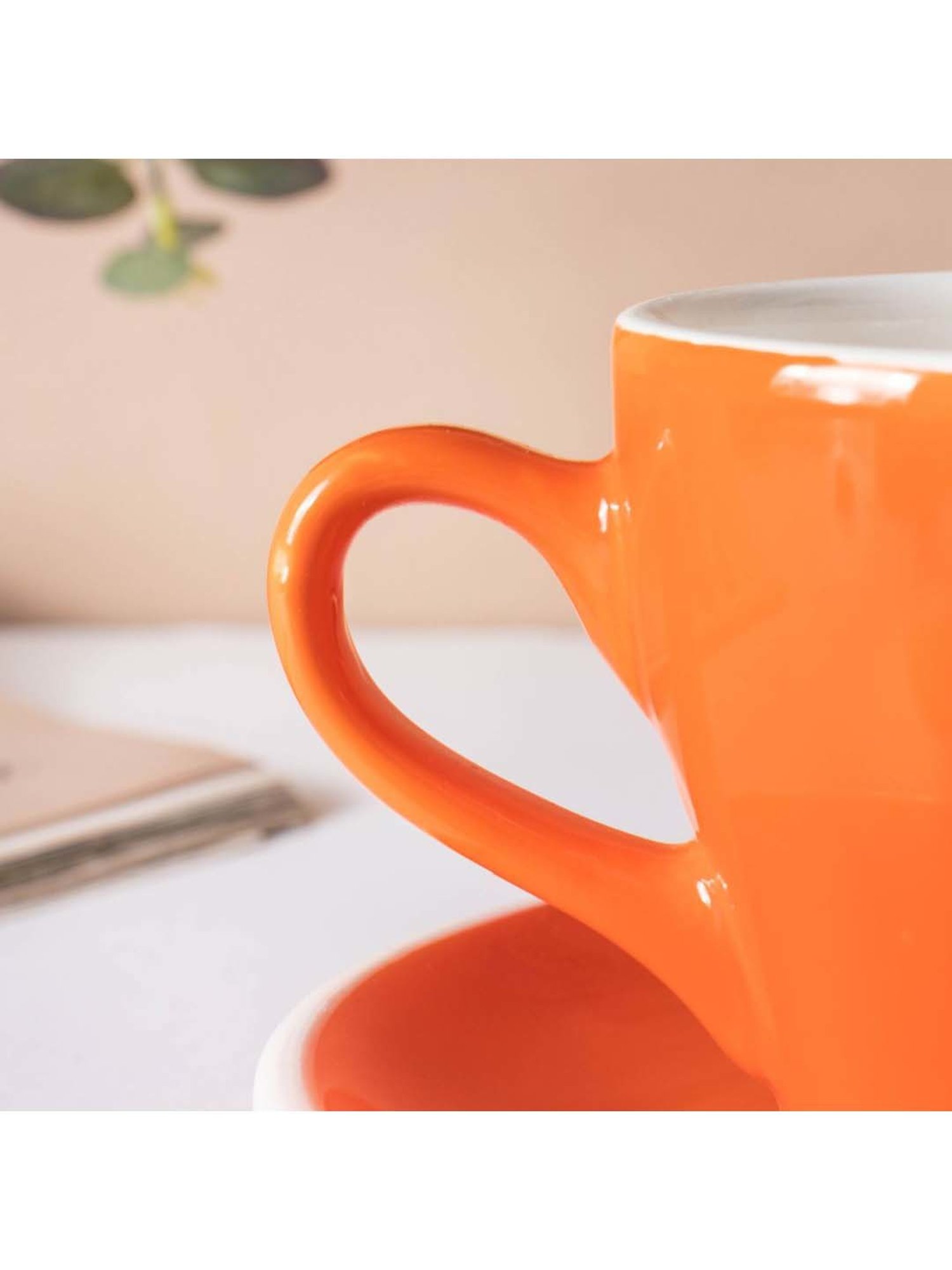 Nestasia Orange & White Food-Safe Ceramic Cup & Plate Set with Spoon, Microwaveable, Lead-Free 150ml