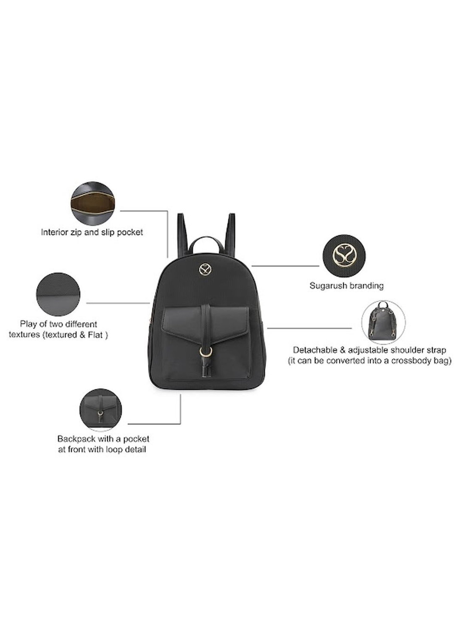 Sugarush Arne Black PU Textured Backpack - 8.7 Ltrs