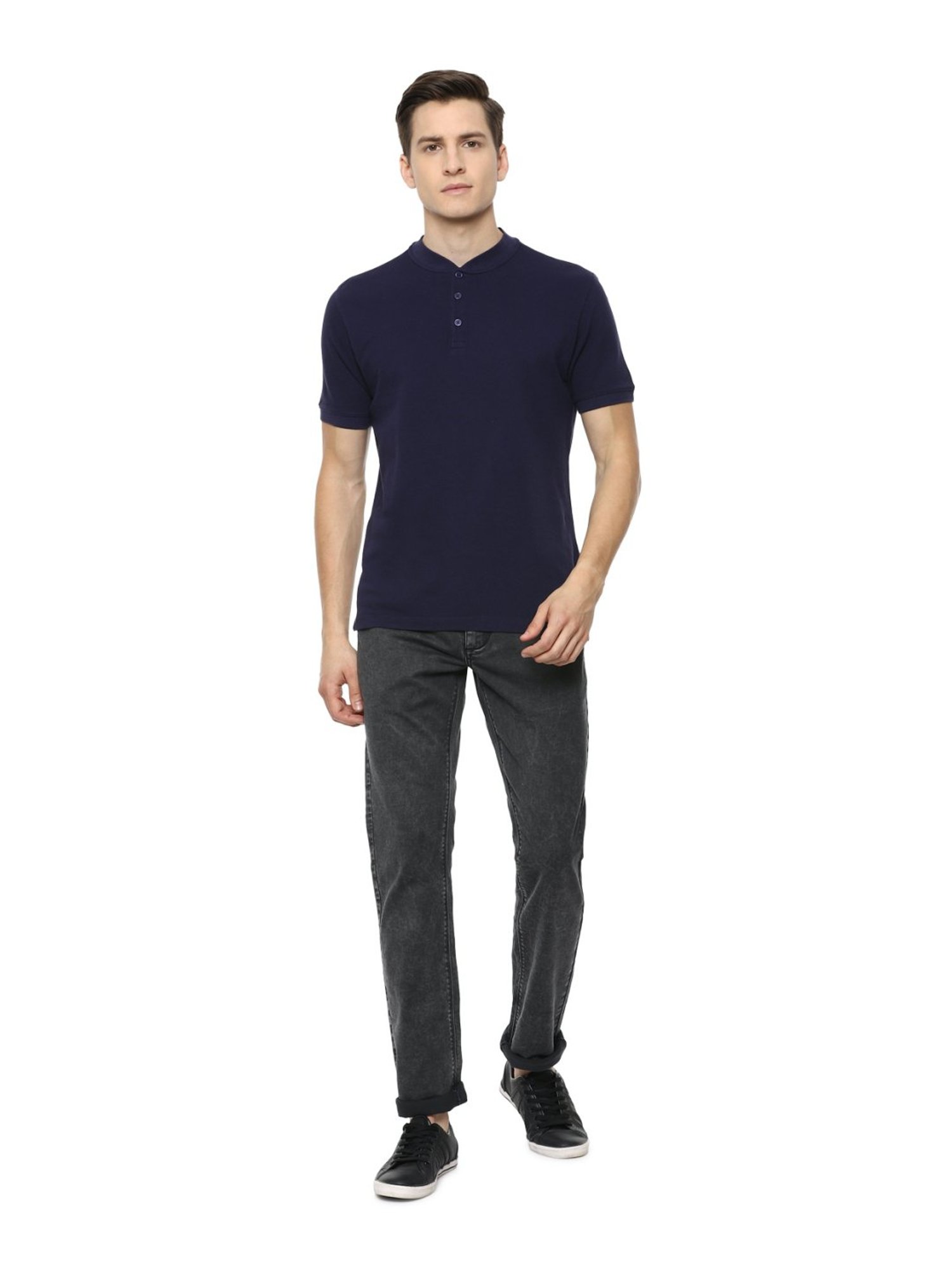 V Dot Navy Cotton Slim Fit T-Shirt