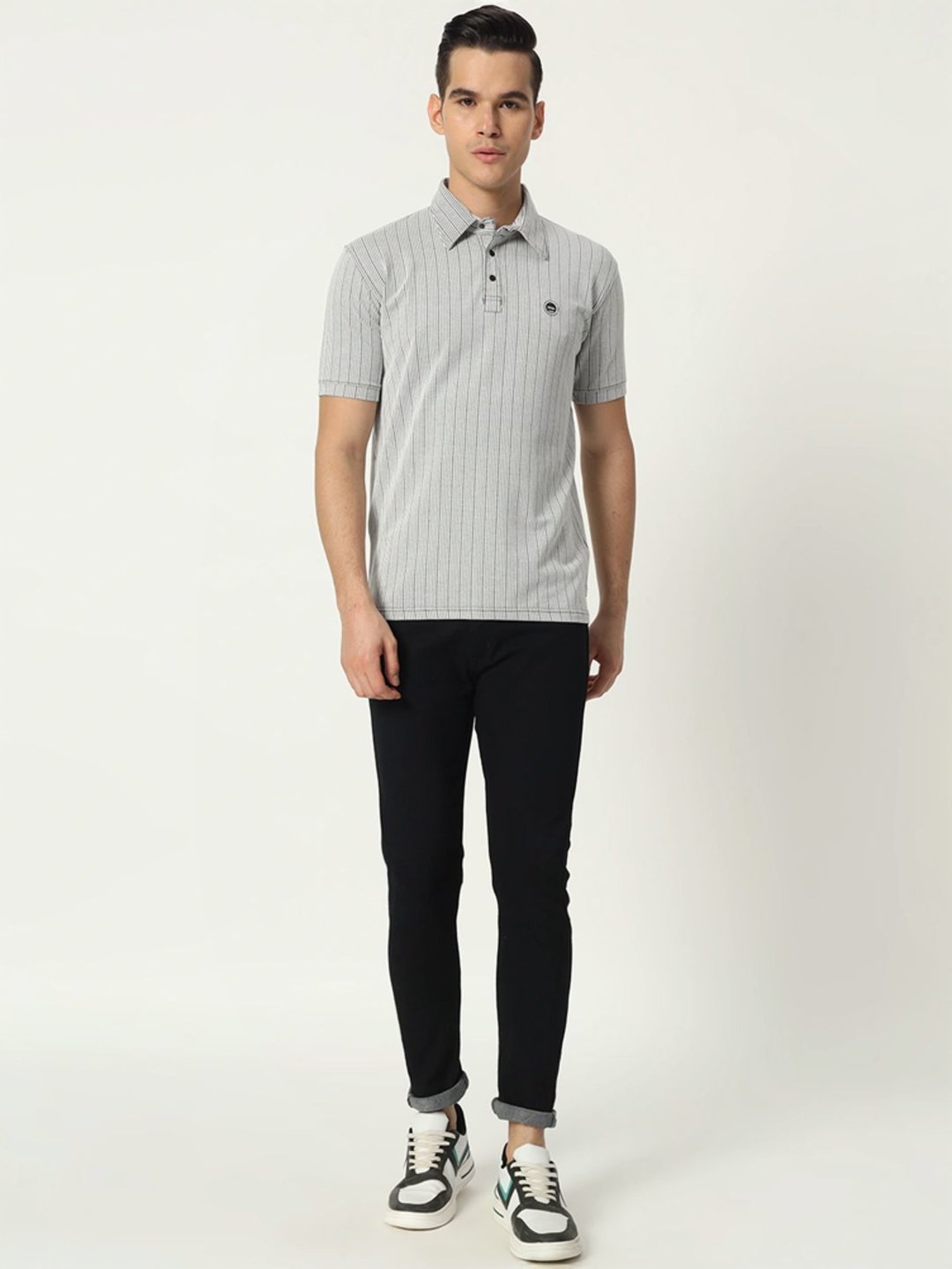 Tab91 Grey Regular Fit Striped Polo T-Shirts