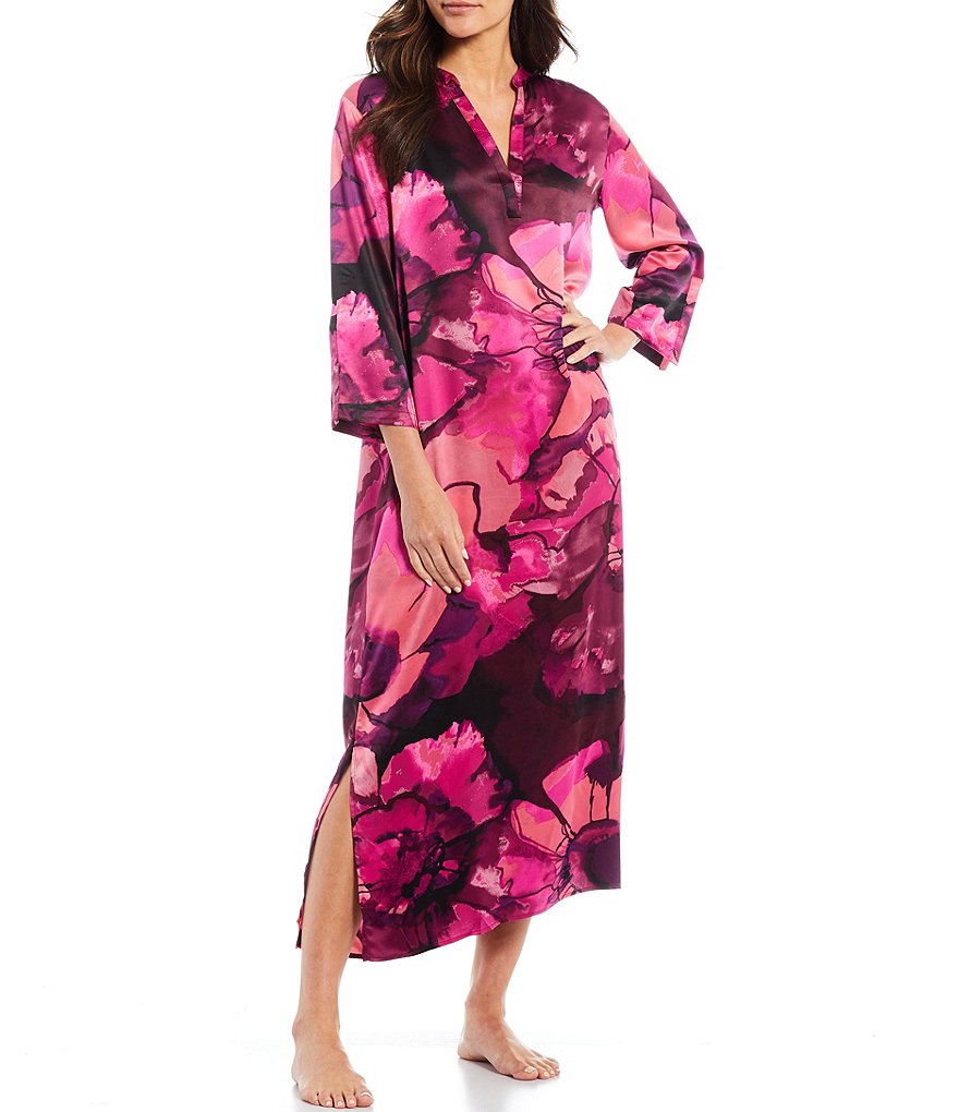 Natori Bloom Printed Satin Woven Zip Front Caftan