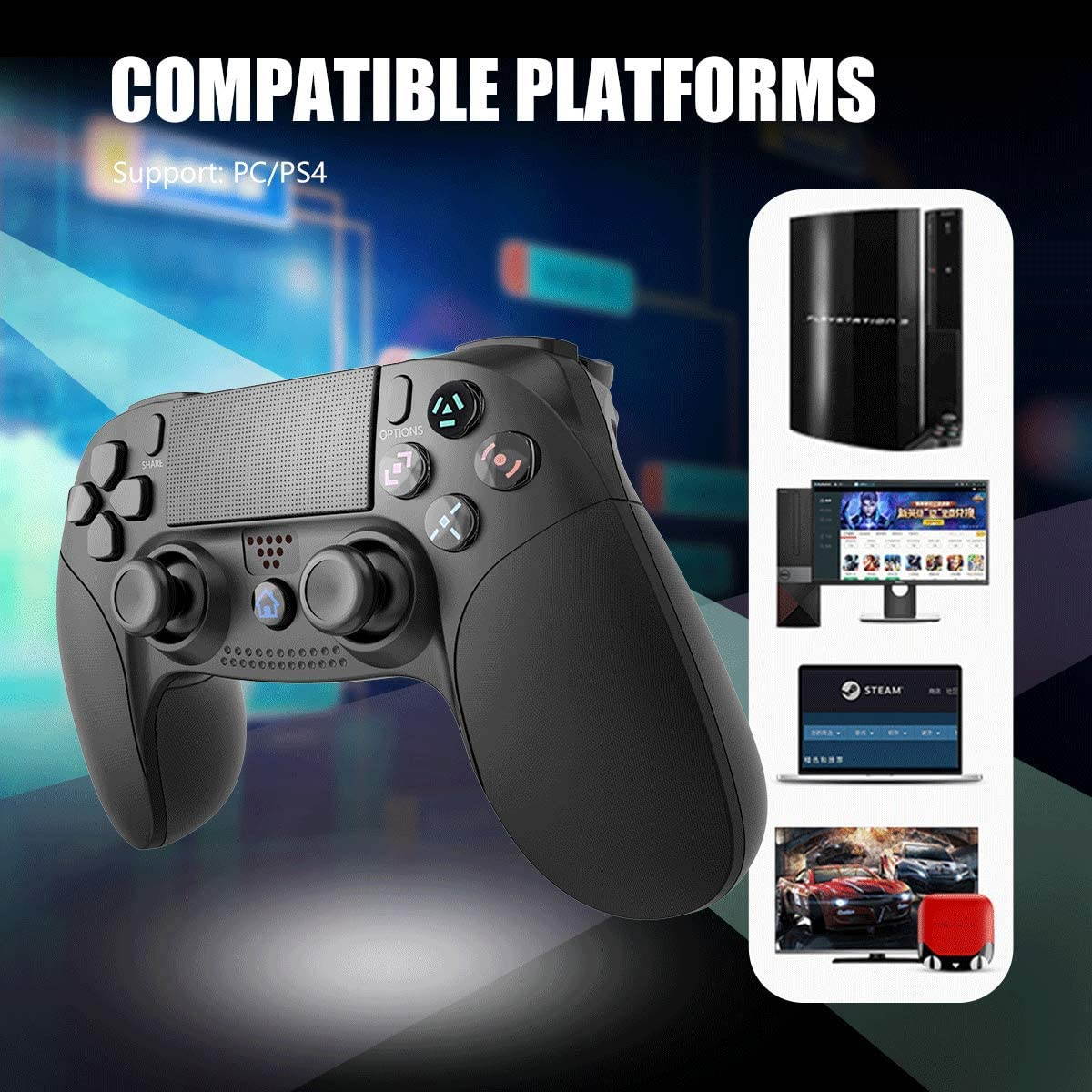 Game Controller for PS4 Wireless Gamepad for PS3/PS4/PS4 Pro/PC and Laptop with Vibration and Audio Function, Mini LED Indicator, High-Sensitive Controller with Ant (Black)