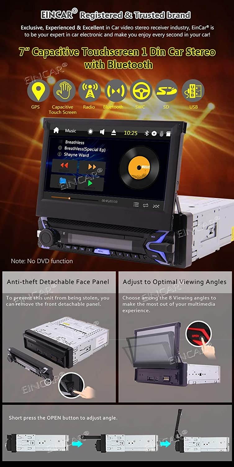 EinCar 7" Anti-Theft Detachable Front Panel Single Din Car Stereo in-Dash with HD 800480 Capacitive Touch Screen GPS Navigation NO-CD/DVD AM FM Radio Bluetooth USB/TF/AUX Built-in Bluetooth + Wire