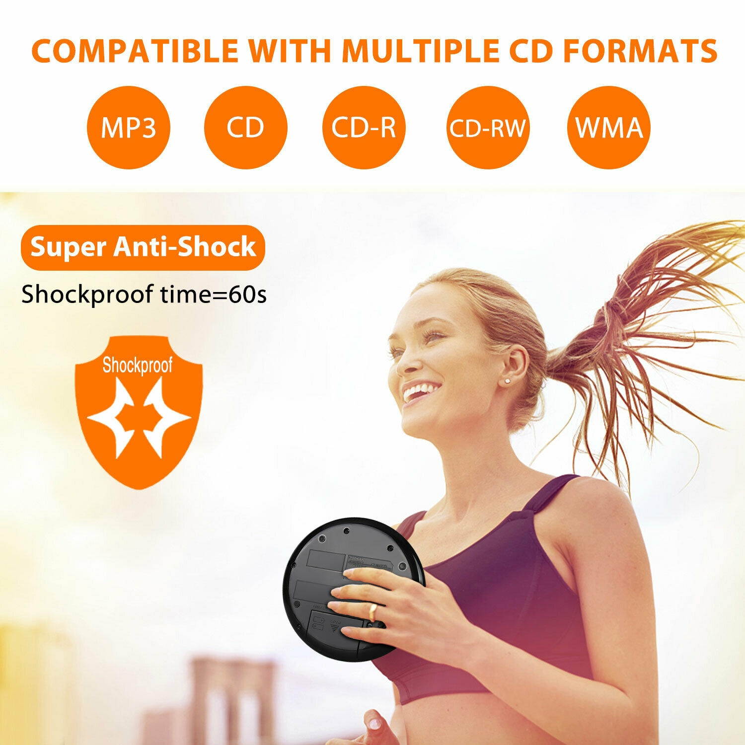 Portable CD Player for Car with Stereo Speakers and Headphones Anti-Skip MP3 AUX